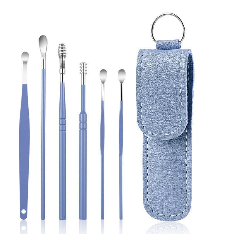 STAR WORK 6 Pcs Ear Pick Earwax Removal Kit, Ear Cleansing Tool Set, Ear Curette Cleaner, 360 Spiral Design Ear Canal Cleaner Stainless Steel Storage Box Portable Kit Home And Travel (Blue)