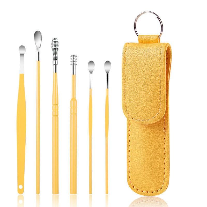 6 Pcs Ear Pick Earwax Removal Kit, Ear Cleansing Tool Set, Ear Curette Cleaner, 360 Spiral Design Ear Canal Cleaner Stainless Steel, with a Storage Box Portable Kit for Home and Travel (Yellow)