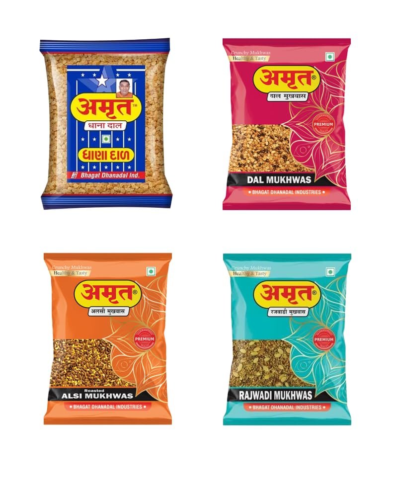 AMRUT Mukhwas Combo Pack  Dhanadal, Rajwadi, Alsi & Dal Mukhwas (200g Each) | Crunchy Traditional Indian Digestive Mouth Freshener | Ready-to-Eat After-Meal Snack | Pack of 4  800g Total