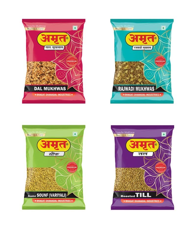 AMRUT Combo Of Till + Rajwadi + Dal + Saunf Mukhwas - (200gm X 4 = 800g) (Pack Of 4) / Salty Coriander Seeds/Digestive Crunchy and Tasty Mouth Freshener Traditional Mukhwas