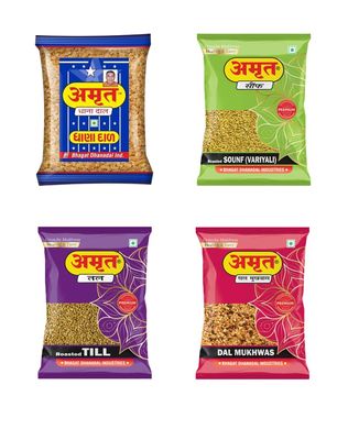 AMRUT Combo Of Dhanadal + Till + Saunf + Dal Mukhwas - (200gm X 4 = 800g) (Pack Of 4) / Salty Coriander Seeds Royal Digestive Crunchy And Tasty Mouth Freshener After-Meal Snacks Traditional Indian Mukhwas