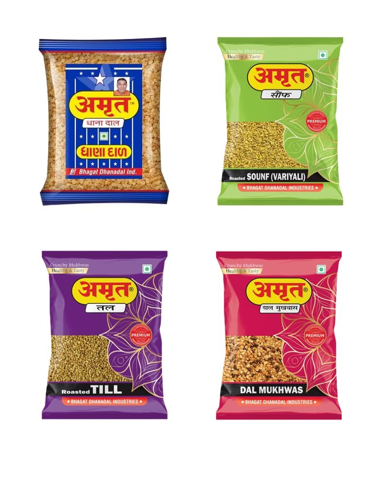 AMRUT Combo Of Dhanadal + Till + Saunf + Dal Mukhwas - (200gm X 4 = 800g) (Pack Of 4) / Salty Coriander Seeds Royal Digestive Crunchy And Tasty Mouth Freshener After-Meal Snacks Traditional Indian Mukhwas