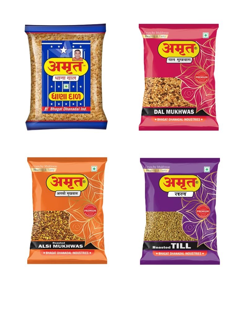 AMRUT Mukhwas Combo  Dhanadal, Till, Alsi & Dal (4 x 200g = 800g) | Traditional Indian Crunchy & Digestive Mouth Freshener | Salty Coriander Seed Blend | Ready-to-Eat After-Meal Snack