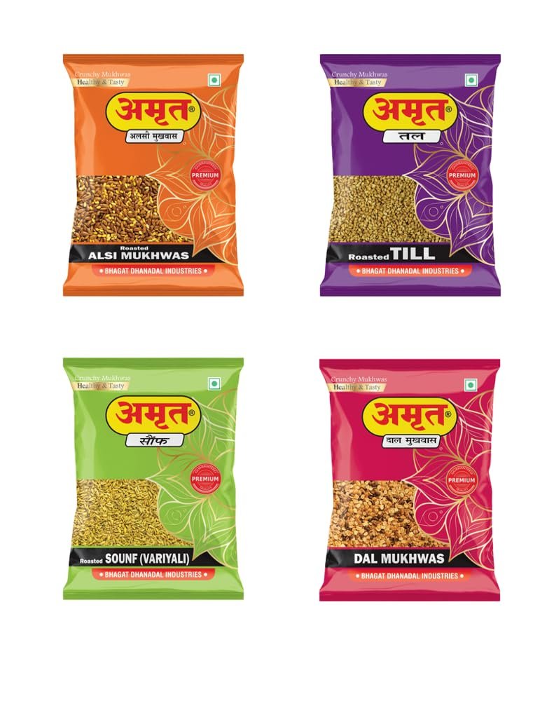 AMRUT Mukhwas Combo  Till, Alsi, Dhanadal & Roasted Saunf (4 x 200g = 800g) | Traditional Indian Crunchy & Digestive Mouth Freshener | Salty Coriander Seeds Blend | Pack of 4
