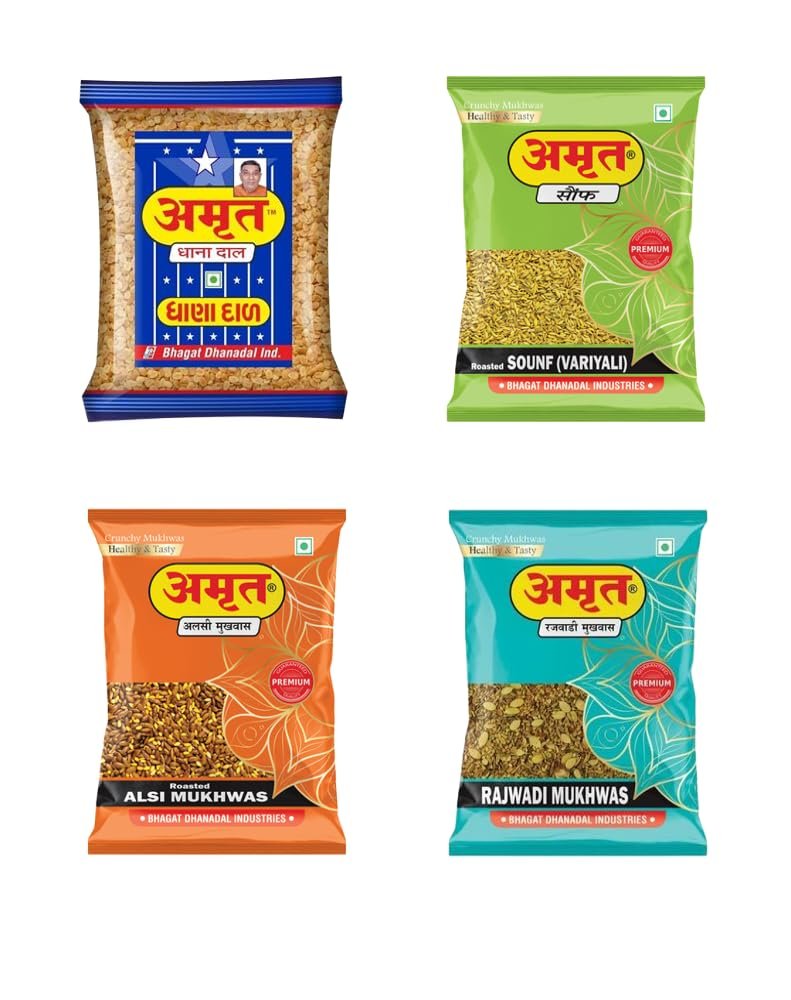 AMRUT Mukhwas Combo  Dhanadal, Rajwadi, Alsi & Saunf (4 x 200g = 800g) | Salty Coriander Seeds & Digestive Mouth Fresheners | Traditional Indian Mukhwas | Ready to Eat | Pack of 4