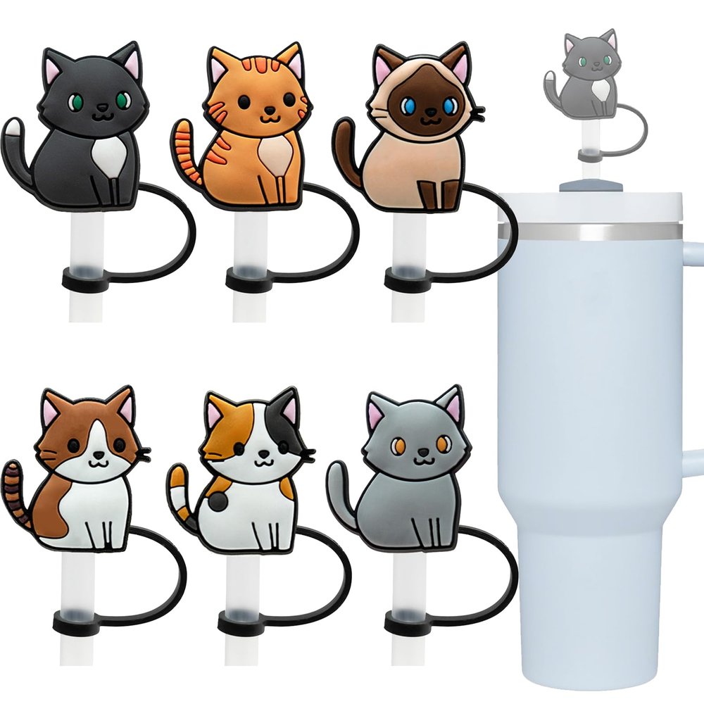 6PCS Cat Straw Toppers Silicone Straw Cover, Cute Straw Covers Reusable Dust-Proof Drinking Straw Caps Covers, Suitable for 8-10mm Drinking Straws Toppers