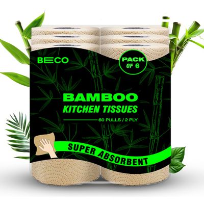 Beco- 2 Ply Kitchen Towel Rolls | 360 Pull (60 pulls x 6 roll) | Super Absorbent |100% Ecofriendly- Pure Bamboo Pulp | Chemical Free Paper Tissue| Pack of 6