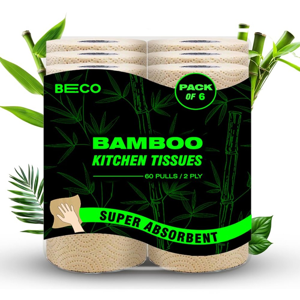 Beco- 2 Ply Kitchen Towel Rolls | 360 Pull (60 pulls x 6 roll) | Super Absorbent |100% Ecofriendly- Pure Bamboo Pulp | Chemical Free Paper Tissue| Pack of 6