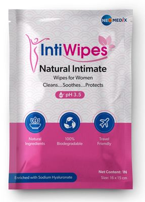 Intiwipes Natural Women's Intimate Wipes | 100% Biodegradable, Sodium Hyaluronate, Sulphate Free Ladies Soft Wipes | Skin Friendly, pH Balanced Tea Tree Essential Oil (Lavender Fragrance) - {Pack of 2, 20 Wipes}