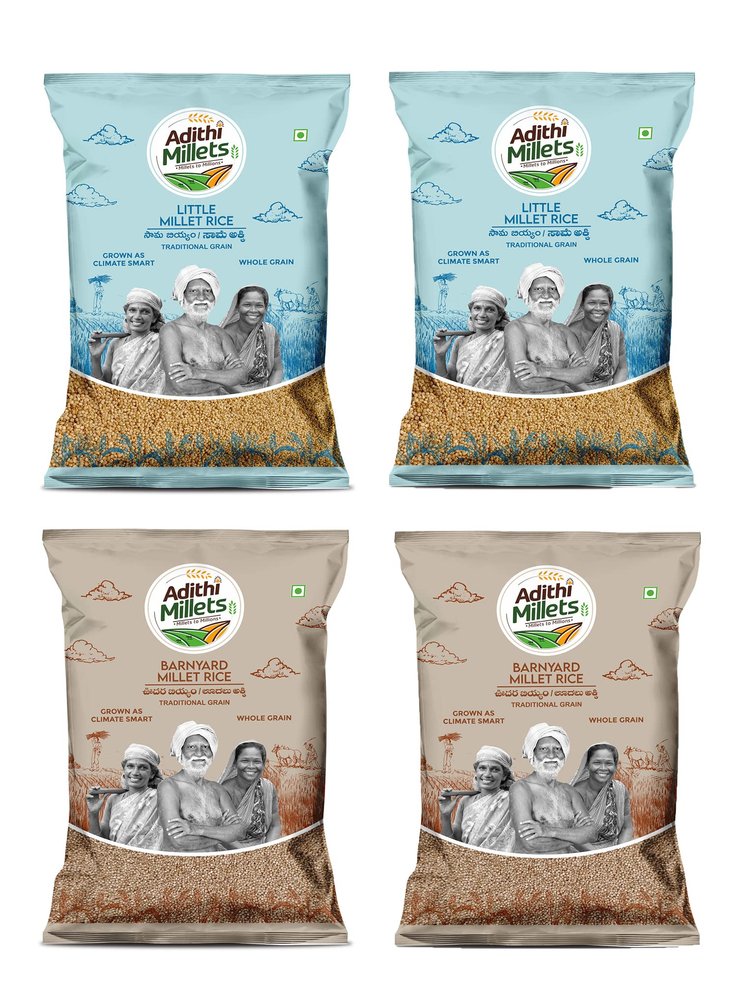 Adithi Millets 2kg Combo | 4 Packs of 500g Each | 100% Organic Little & Barnyard Millet | Unpolished Whole Grain, Gluten-Free Superfood, High Fiber & Protein, Healthy Diet