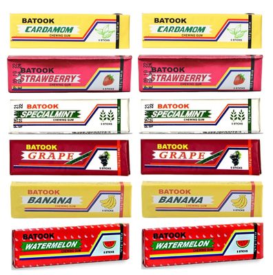 Batook Chewing Gum Variety Pack Refreshing Soft Gum With Delicious Assorted Flavours 2 Banana, 2 Orange, 2 Cardamom, 2 Special Mint, 2 Watermelon, 2 Strawberry, 2 Grape Chewing Gum (12 x 12.5 g)