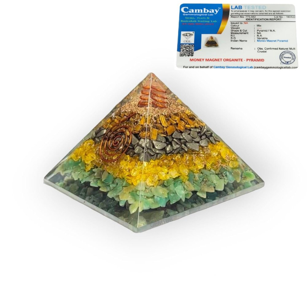 GEMTUB Natural Orgone Gomti Chakra Shree Yantra Pyramid with with Red & White Chirmi Seeds for Wealth, Prosperity, Success (Money Magnet Orgone Pyramid)