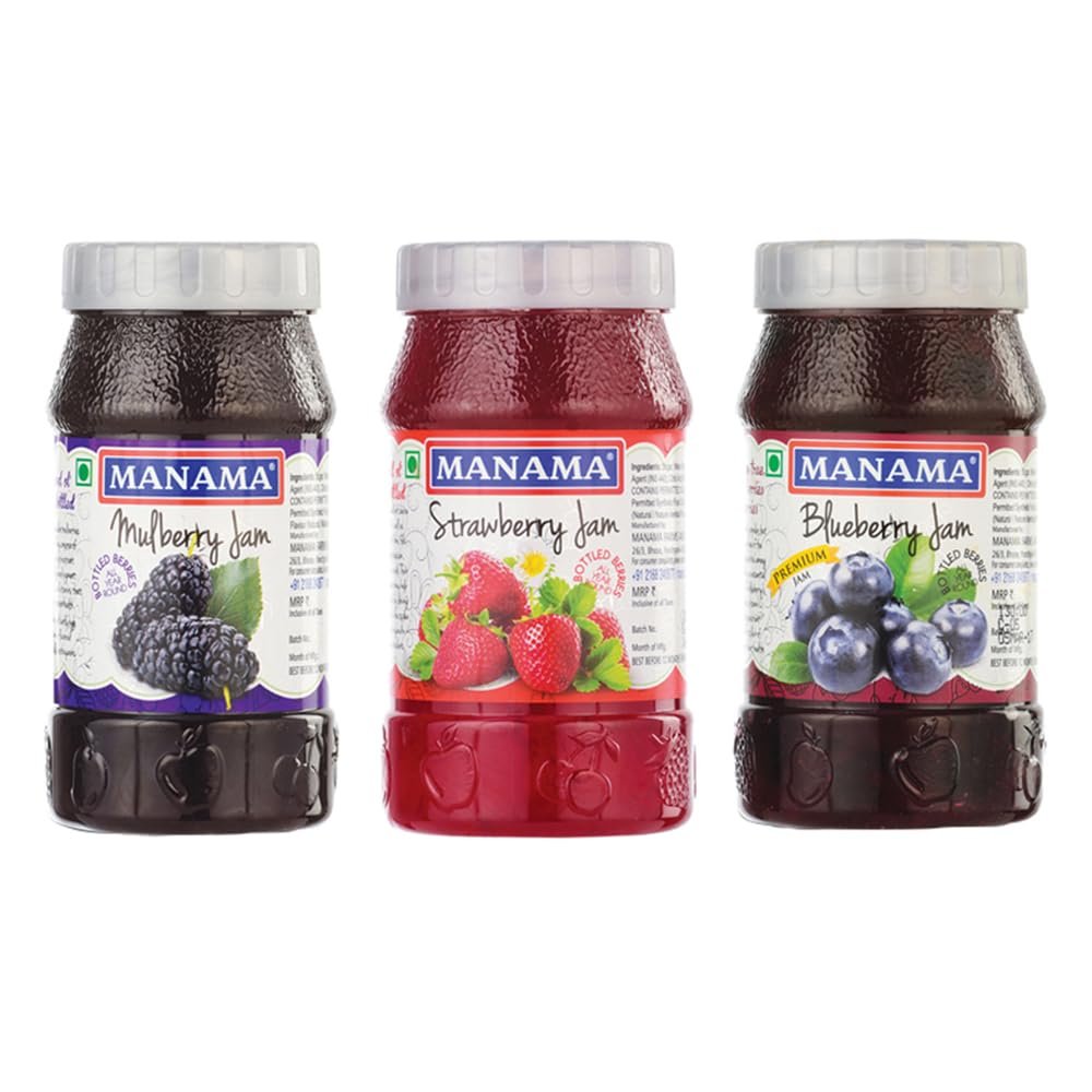 Manama Mulberry Jam, Strawberry Jam and Blueberry Fruit Jam, 500GMS Each, Pack of 3