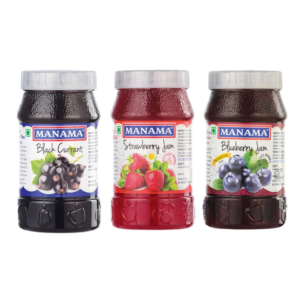 Manama Black Currant Jam, Strawberry Jam and Blueberry Fruit Jam, 500GMS Each, Pack of 3