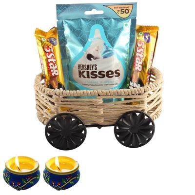 SFU E Com Caramel And Kisses Chocolate Thread Cart| Diwali Chocolate Gift | Premium Diwali Chocolate With 2 Pieces Matki Diya Hamper | Chocolate Gift Hamper | 1314