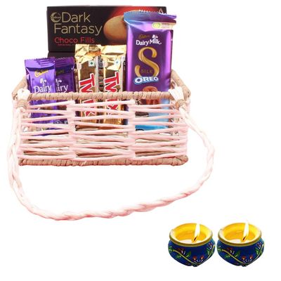 SFU E Com Waffery And Creamy Chocolate Wiith Premium Basket| Diwali Chocolate Gift | Premium Diwali Chocolate With 2 Pieces Matki Diya Hamper | Chocolate Gift Hamper | 1593