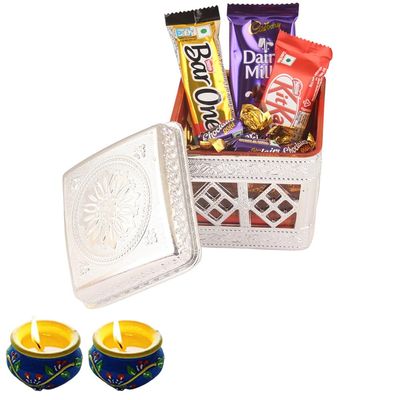 SFU E Com Milkly And Caramel Blast In Desginer Box| Diwali Chocolate Gift | Premium Diwali Chocolate With 2 Pieces Matki Diya Hamper | Chocolate Gift Hamper | 1282