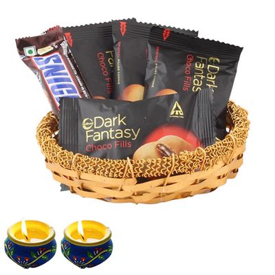 SFU E Com Golden Katori With Premiuim Choco Hamper| Diwali Chocolate Gift | Premium Diwali Chocolate With 2 Pieces Matki Diya Hamper | Chocolate Gift Hamper | 1204