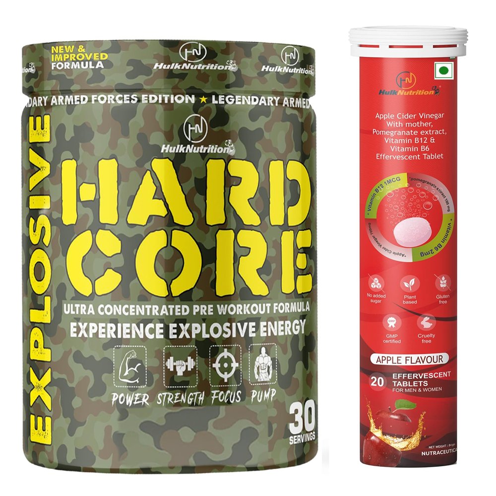 HulkNutrition Hardcore Pre-Workout Supplement, Energy Drink with Creatine Monohydrate, Arginine AAKG, Beta-Alanine, Explosive Muscle Pump, Caffeinated Punch - For Men & Women [30 Servings, Green Apple] + Hulk Nutrition Apple Cider Vinegar (ACV) Effer