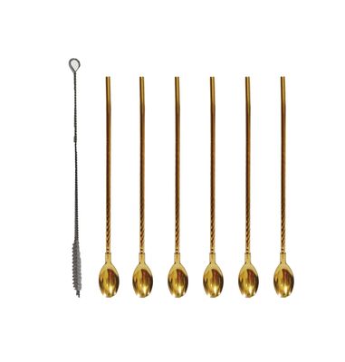 BITONA 6 Piece Reusable Stainless Steel Gold Colour Drinking Straws (6 Bend Straws Cum Spoon with 1 Cleaning Brush)