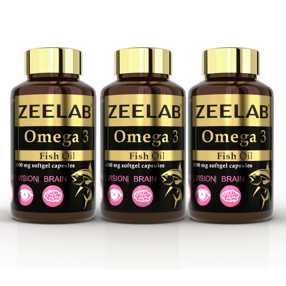 Zeelab Omega 3 Fish Oil Capsules with EPA & DHA  Supports Heart, Brain, Eye, Joint Health  Helps Maintain Cholesterol & Triglyceride Levels  For Men & Women  1000mg Softgels (Pack of 3)