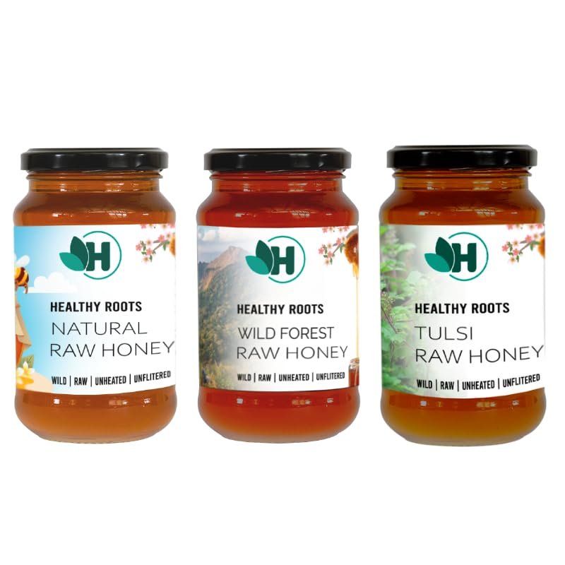 Healthy Roots Natural Raw Honey Combo  3 Flavours (Natural, Wild Forest & Tulsi) | Pure, Unprocessed, Certified Organic Honey | No Added Sugar | 500g Each (Pack of 3)