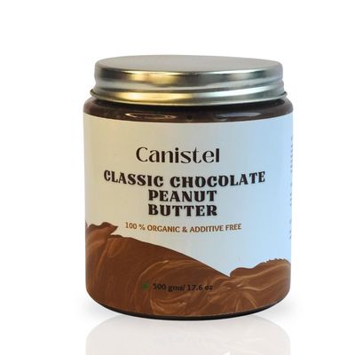 Canistel Classic Chocolate Peanut Butter Sugar Free | Protein Rich (27.8 Gram) | 100% Organic Peanuts | Glass Jar | Gluten Free | Vegan | Energy Booster (Medium, Classic Chocolate Peanut Butter (500grams)