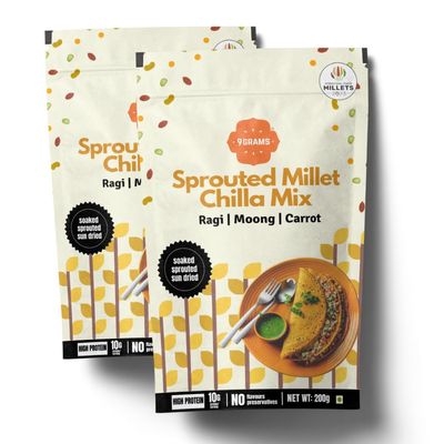 9GRAMS Sprouted Millet chilla mix (200g x 2 pack), 10g protein, Made with Ragi, Moong, Carrot. Gluten Free and High in fibre (4g/serving), No Maida, No palm and No artificial flavors