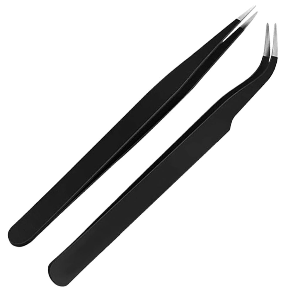 ERZA Tweezers for Ingrown Hair Removal | Surgical Grade Medical Tweezers with Sharp Needle Nose Tips | Pointed for Splinters & Tick Removal | Pack of 2, Black, Design 0 & 7