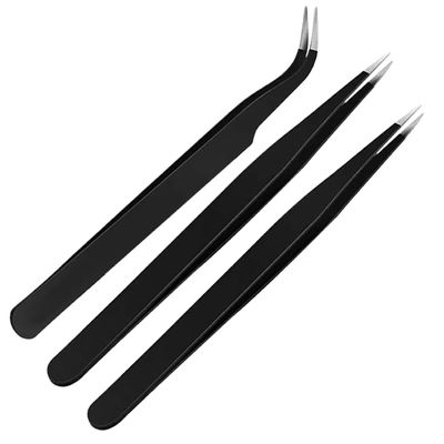 ERZA Tweezers for Ingrown Hair Removal, Surgical Grade Medical Tweezers with Sharp Needle Nose Point Tips Ideal Pointed Tweezers for Splinters & Tick Removal, Black, Design 0, 00, 7, Pack of 3