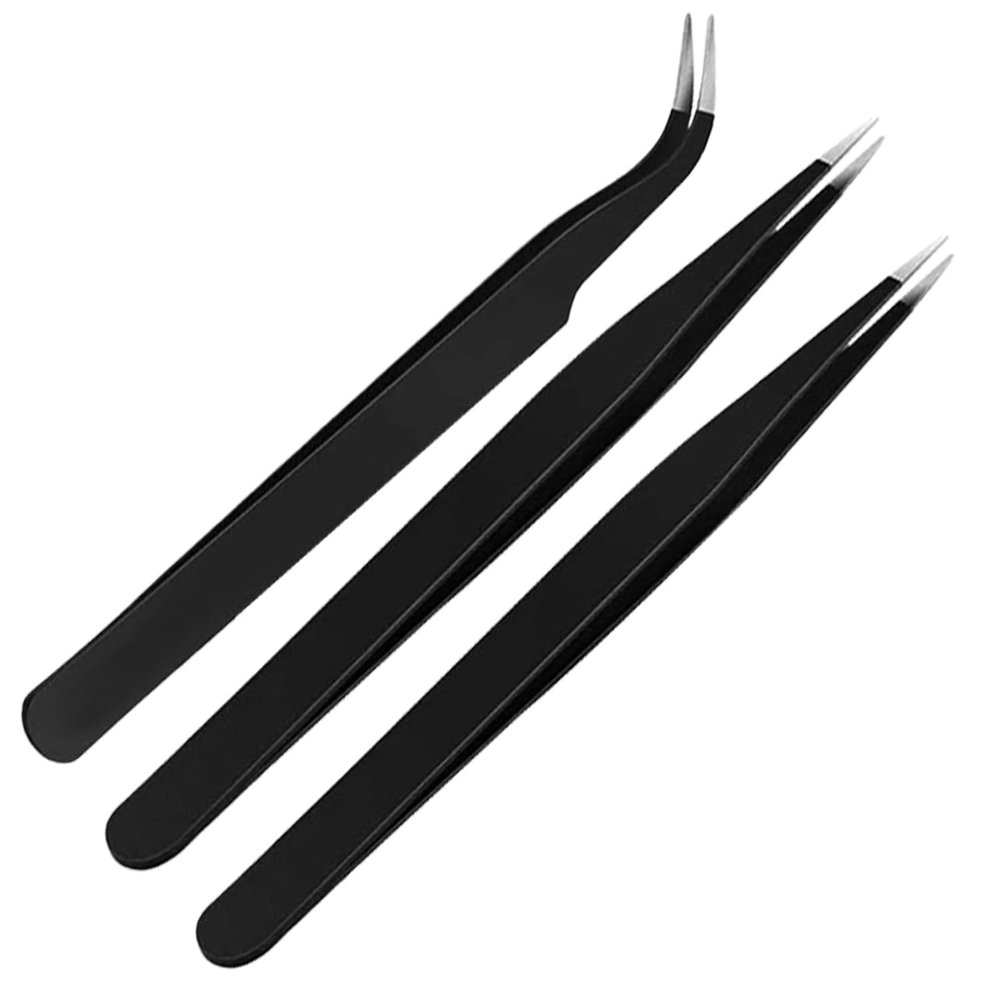 ERZA Tweezers for Ingrown Hair Removal, Surgical Grade Medical Tweezers with Sharp Needle Nose Point Tips Ideal Pointed Tweezers for Splinters & Tick Removal, Black, Design 0, 00, 7, Pack of 3