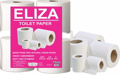 Eliza Premium 3 Ply Toilet Disposable Roll Pack of 4, Toilet Paper, Toilet & Tissue Roll, Pack of Four Toilet Tissue Paper Rolls 200 Pulls Each- 9.8 x 10 cm