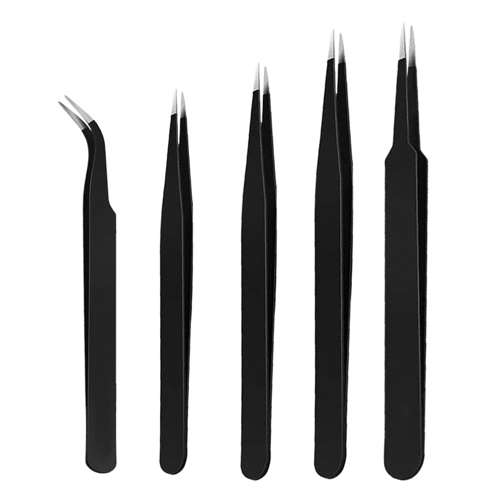 ERZA Tweezers for Ingrown Hair Removal Pack of 5 | Surgical Grade Stainless Steel Pointed Tweezers with Sharp Needle Nose Tips for Splinter Tick Eyebrow Facial Hair Grooming Black Design 0 00 3C 5 7