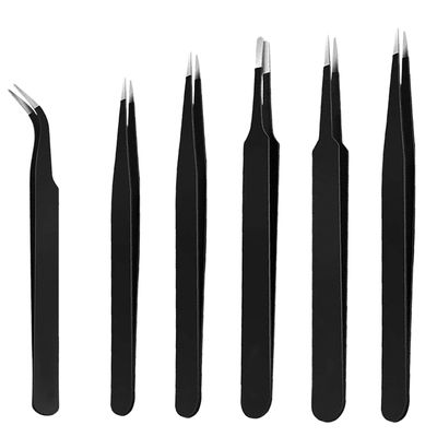 ERZA Tweezers for Ingrown Hair Removal, Surgical Grade Medical with Sharp Needle Nose Point Tips Ideal Pointed Tweezers for Splinters & Tick Removal, Black, Pack of 6