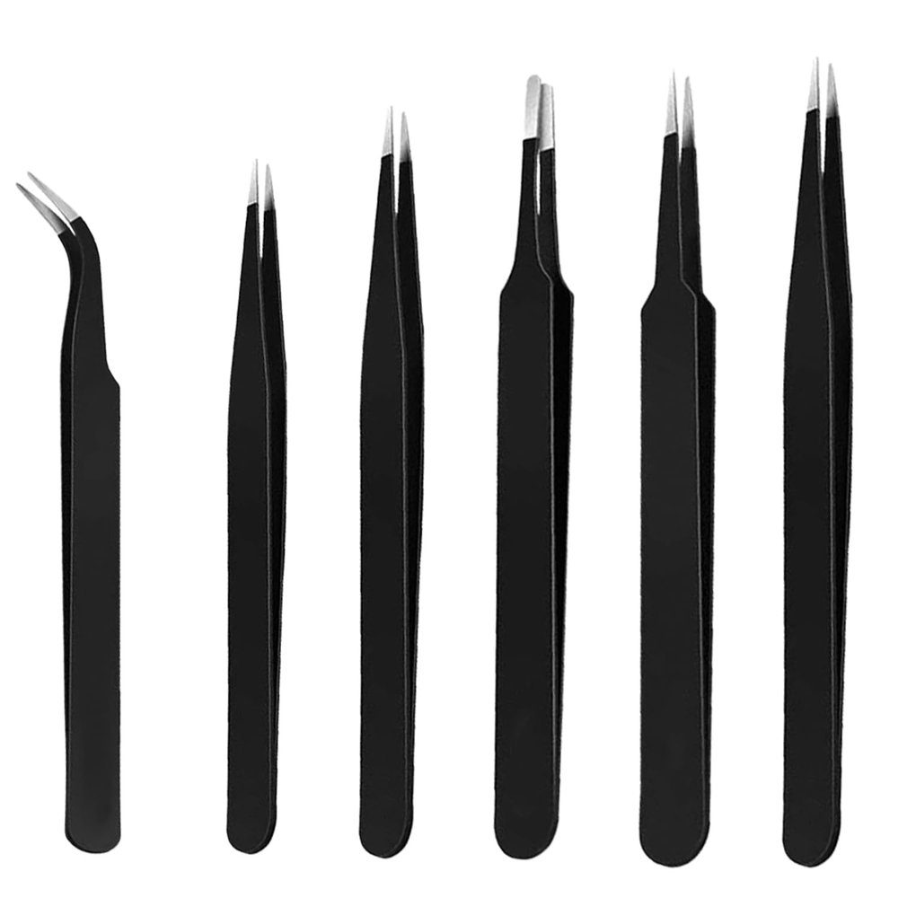 ERZA Tweezers for Ingrown Hair Removal, Surgical Grade Medical with Sharp Needle Nose Point Tips Ideal Pointed Tweezers for Splinters & Tick Removal, Black, Pack of 6