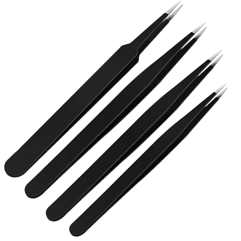JOYUS Tweezers for Ingrown Hair Removal, Surgical Grade Medical Tweezers with Sharp Needle Nose Point Tips Ideal Pointed Tweezers for Splinters & Tick Removal, Black, DESIGN 0, 00, 3C, 5, Pack of 4
