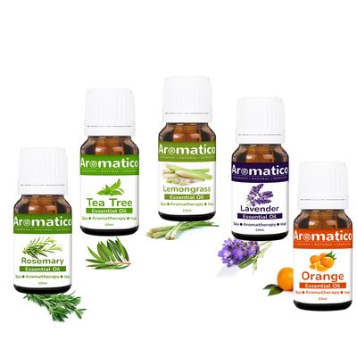 AROMATICO Natural Essential Oils Pack of 5. Rosemary, Tea-Tree, Lavender, Lemongrass & Orange. Therapeutic Grade, 100% Pure & Natural. Combo pack - 10mlX5