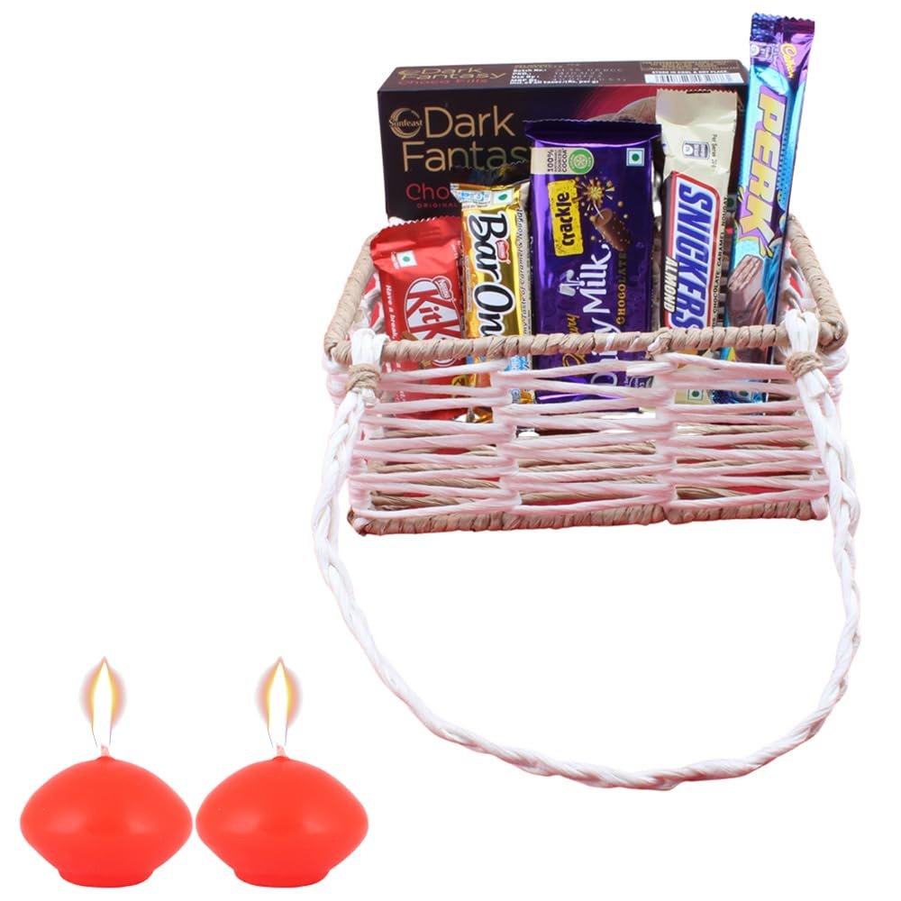 SFU E Com Crunchy And Almond Chocolate Blast Hamper With Delicious Choco Fills And Desginer Basket| Diwali Chocolate Gift | Premium Diwali Chocolate Hamper With 2 Pieces Candle | 1644