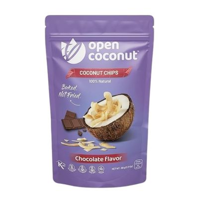 Open Coconut - Baked Coconut Chips with MCT Oil 90 gm Each Pack of 10 | Chocolate Flavour | Tasty and Crispy | Snacks for Adults and Kids | No Preservatives | Vegan | Fresh and Delicious