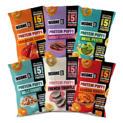 Insane Fit - Protein Puffs THE VARIETY PACK (6 x 60G) | 15G Protein, Low Calorie, High Fibre, PRObiotics | Roasted, Seasoned with Olive Oil | Gluten free | Healthy Snack for Fitness & Diet