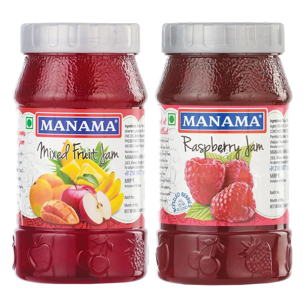 Manama Mixed Berry Jam, and Raspberry Fruit Jam, 500GMS Each, Pack of 2