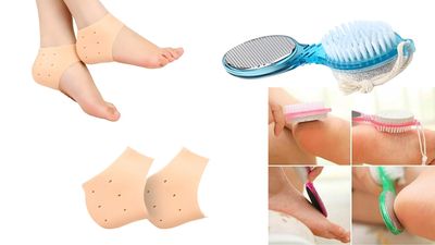 Adornments[2Pcs Combo Of Silicone Gel Pad Soacks+4in1 Pedicure Brush]Silicone Gel Pad Soacks For Antiheel Swelling Pain Relief Cracked Heels & Pedicure Brush Pumice Callus Remover Exfoliator