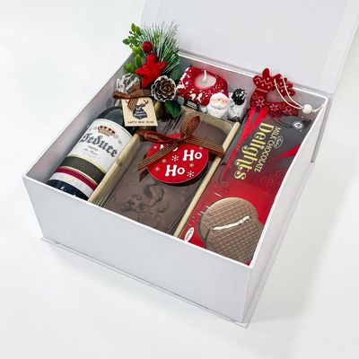 Angroos Festive Treats and Delights with Red Wi-NE, Santa Candle Holder, Christmas Cake, Chocolate Delights, and More in a Cozy Holi-Day Gift Box | Christmas gift hampers | christmas gift box