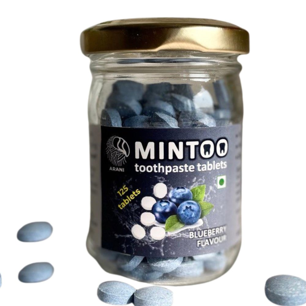 Arani Eco MINTOO TOOTHPASTE TABLETS  BLUEBERRY | SLS Free | Anti-Cavity Anti-Plaque | Fresh breath | PEG-free, Plastic-free| For sensitive teeth | Enamel protecting | Natural whitening | Travel Friendly