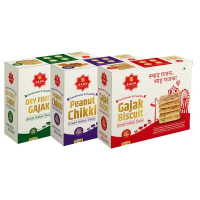 SAHU GAJAK BHANDAR Chikki 750 Gram | 3 Box Pack | Gajak Biscuit 250g | Peanut Chikki 250 Gram | Dryfruit Gajak 250g
