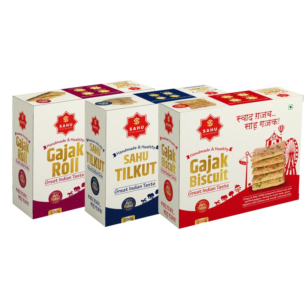 SAHU GAJAK BHANDAR Gajak Roll Tilkut 750 Gram | 3 Box Pack | Gajak Biscuit | Gazak Roll | Rajasthani Tilkut Each 250g