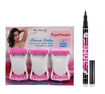 Mini Face & Body Hair Removal Razor Set with Black 36H Eyeliner | Precision Shaving Blades for Eyebrows, Upper Lips, Cheeks, Arms & Legs  Womens Grooming & Makeup Kit (Set of 6)