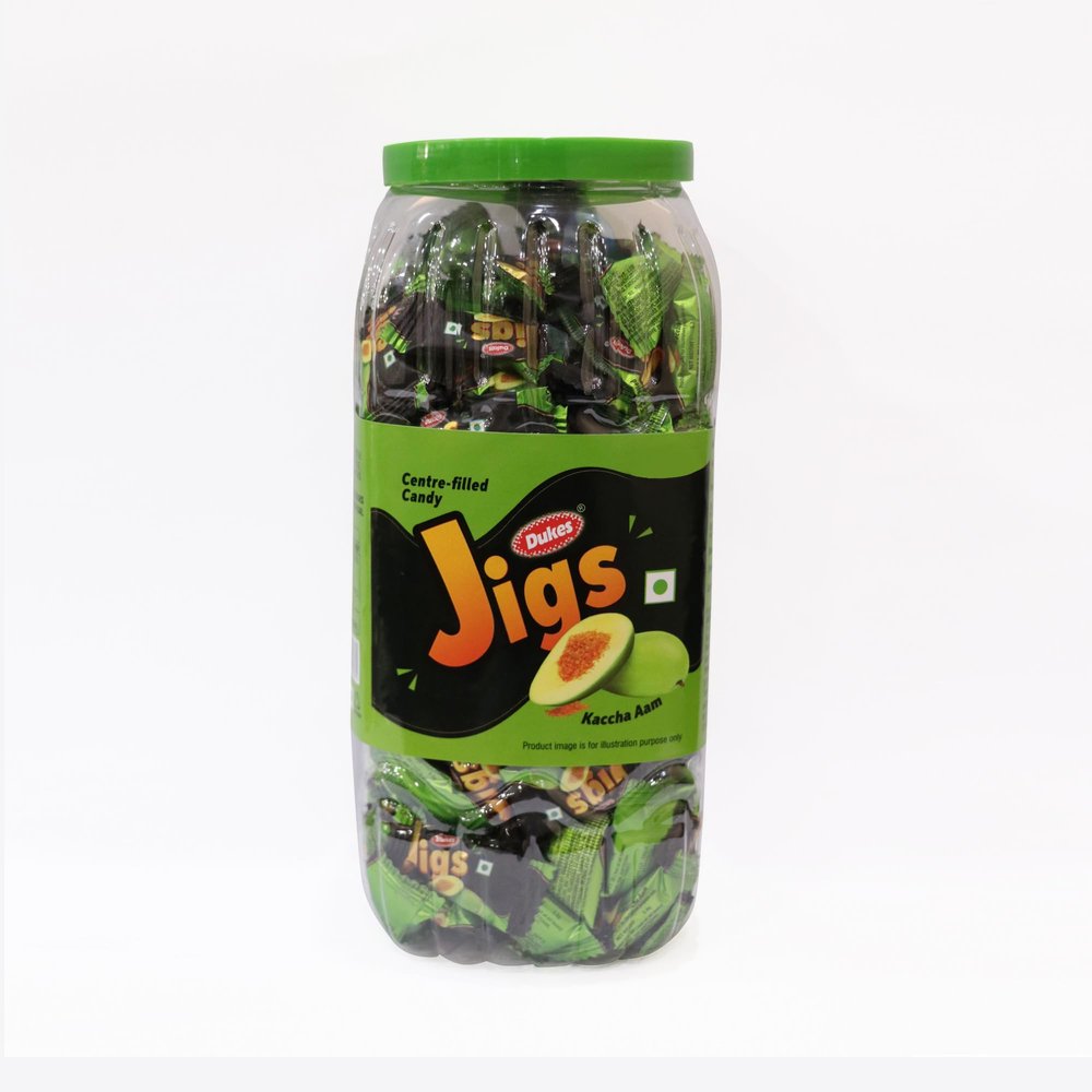 Dukes Jigs Kacchaa Aam Flavored with Tangy Salt & Spices Center Filled Candy 703g Jar (175 Units + 10 Units Free)