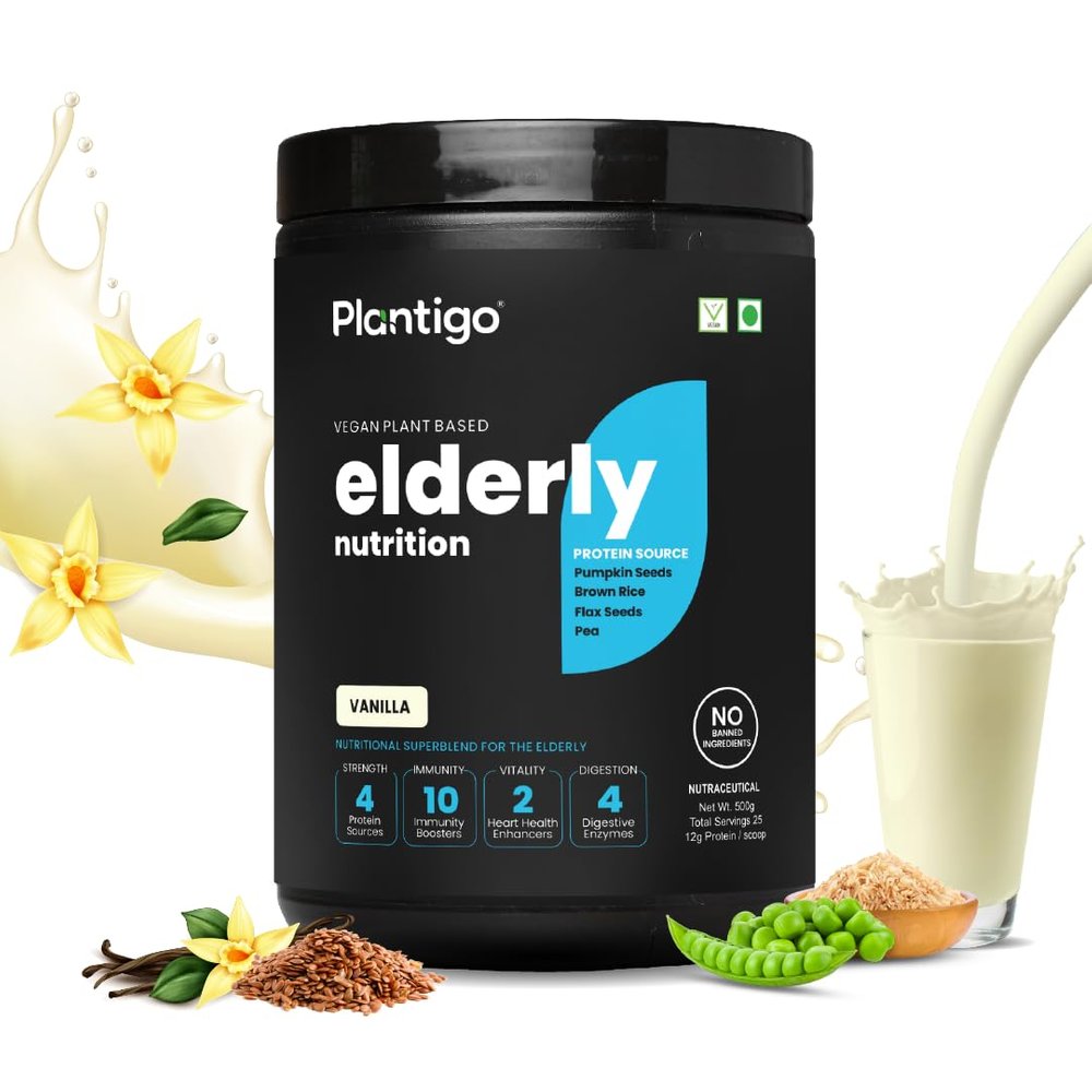 Plantigo Superior 51+ Plant Protein Powder for Senior Adults | Elders, Old Men & Women | No Sugar, 14 Calories | Pea Protein, Oats | Heart Health & Muscle Recovery, Protein (Vanilla - 500g)