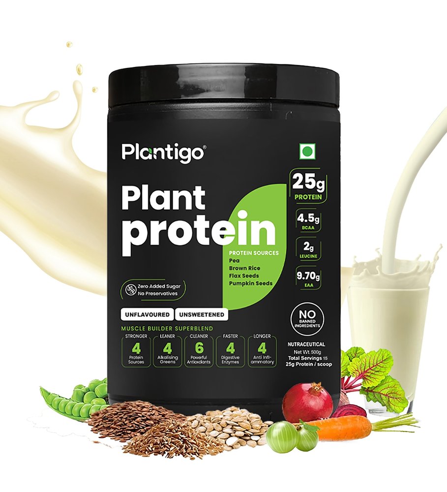 Plantigo Plant Protein Powder 500g - Unsweetened, Unflavoured, No added Sugar & Sweetener | Plant Based Pea Protein Powder |25g Protein, BCAA, Fiber - Men & Women Muscle Growth, Cooking, Baking